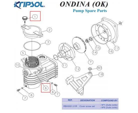 Винт крышки префильтра насоса Kripsol Ondina OK (RBH0001.01R) - схема