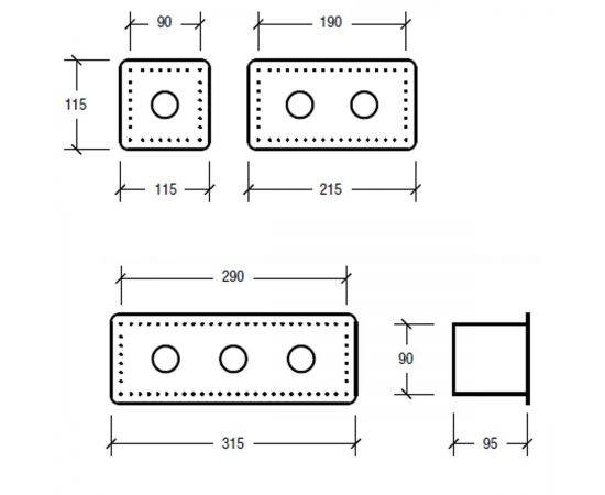 Габариты пневмокнопки AQA: блока на 2 кнопки (AQA124-2)