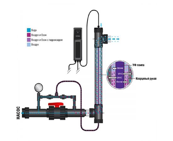 Схема циркуляции водного потока через ультрафиолетовую лампу Filtreau UV-C Ozone UVO0001