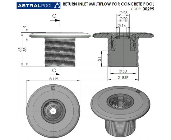 Форсунка стеновая AstralPool Multiflow 00295 - размеры