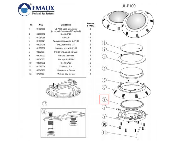 ​Уплотнительное кольцо прожектора Emaux 02021004 - схема