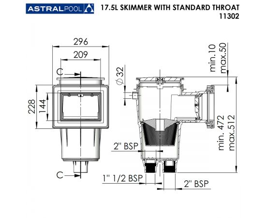 Скімер AstralPool 11302 - розміри