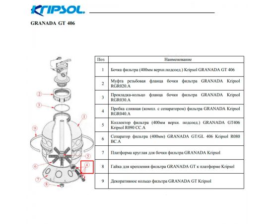Дренажний клапан для фільтра Kripsol (RGR040.A/RFD0200.10R) - схема