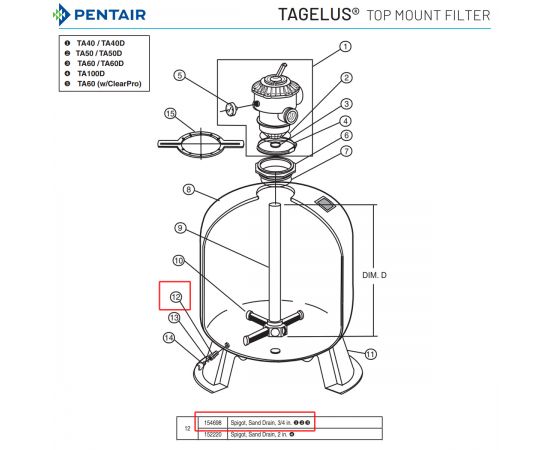 Дренажный клапан для фильтра Pentair Tagelus (PG154698) - схема