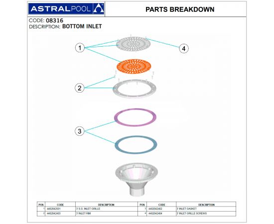 Форсунка донная AstralPool 08316 - схема
