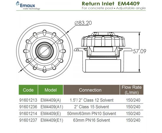 Форсунка для бассейна Emaux EM4409 - размеры