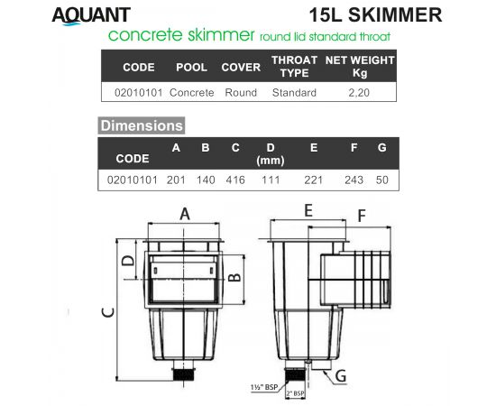 Скиммер для бассейна Aquant Standard 21101 - размеры