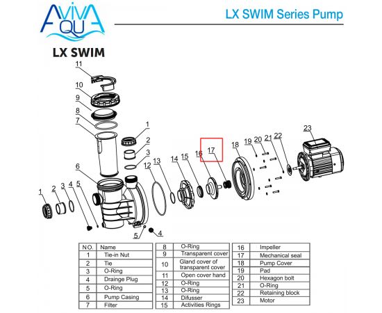 ​Сальник насоса Aquaviva SWIM (F01160132 №16/17) - схема