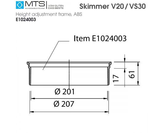 Удлинитель высоты скиммера MTS V20/VS30 (E1024003) - размеры