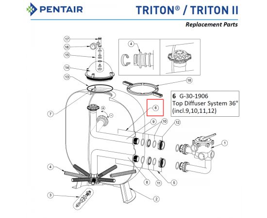 Дистрибьютор верхний фильтра Pentair Triton TR G-30-3606 - схема
