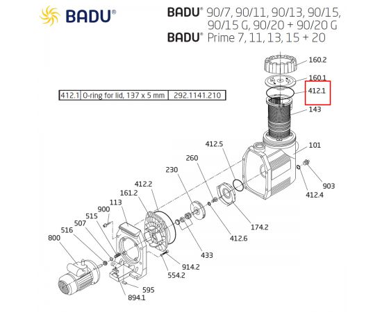 Уплотнительное кольцо насоса Badu 90 / Prime 292.1141.210 - схема