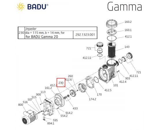 Крыльчатка насоса Badu Gamma 20 292.1323.001 - схема