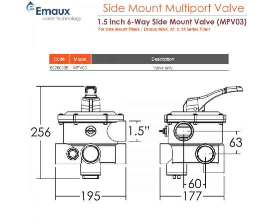 ​6-ходовой клапан Emaux MPV03/88280805 1½" - размеры