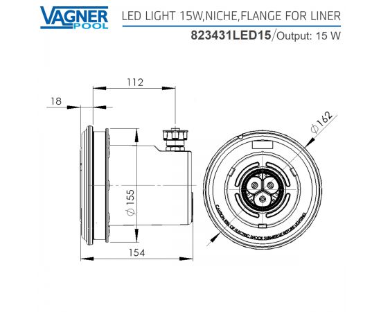 Светодиодный прожектор Vagner Pool 823431LED15 - размеры