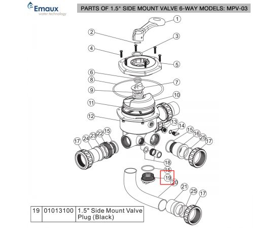 ​Заглушка 6-ходового клапана Emaux 1013100 - схема