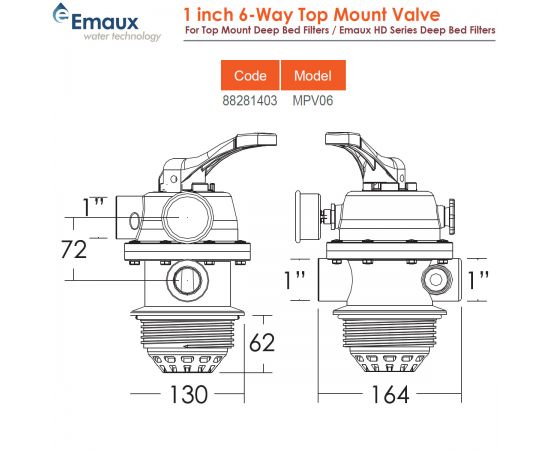 Шестипозиционный верхний клапан Emaux MPV06/88281403 - размеры
