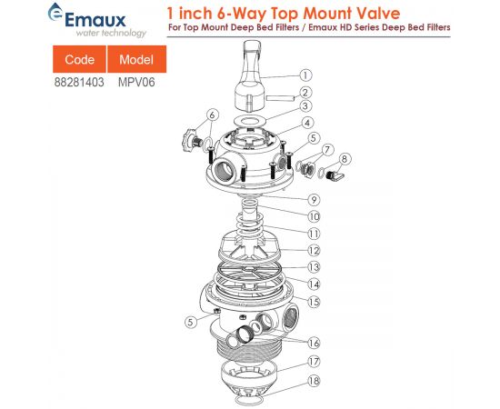 Шестипозиционный верхний клапан Emaux MPV06/88281403 - схема