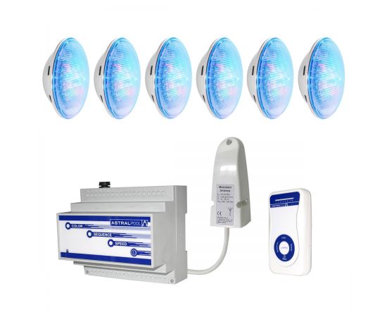 Комплект AstralPool 56001MR6: 6 светодиодных ламп RGB 1.11 + пульт + модулятор Комплект AstralPool 56001MR6: 6 светодиодных ламп RGB 1.11 + пульт + модулятор