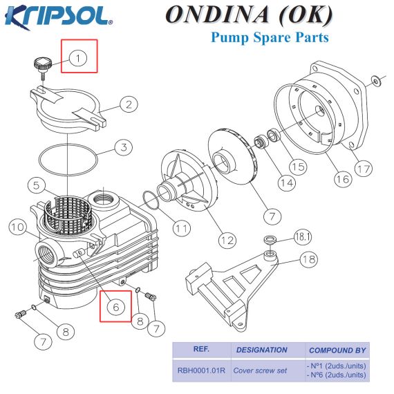Винт крышки префильтра насоса Kripsol Ondina OK (RBH0001.01R) - схема