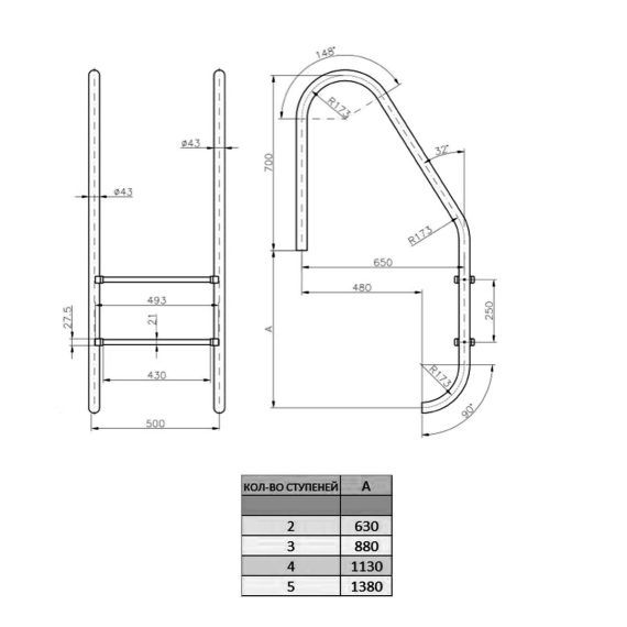 Размеры двухступенчатой лестницы Kripsol Standard