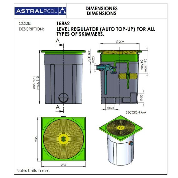 Габариты автоматического регулятора уровня воды AstralPool 15862