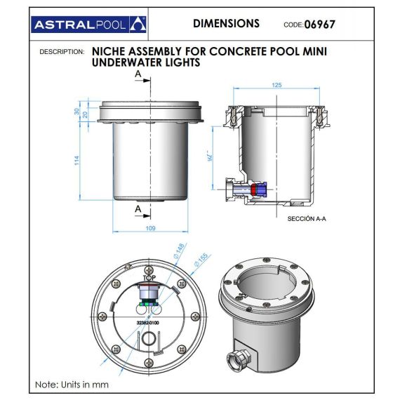 Ниша AstralPool 06967 для LED-прожекторов - размеры