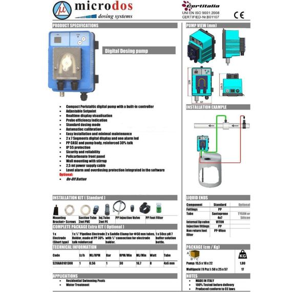 Различные характеристики дозирующего перистальтического насоса Microdos MP2 Pool T