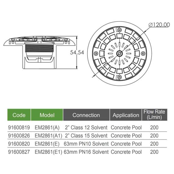 Форсунка донная Emaux EM2861 - размеры