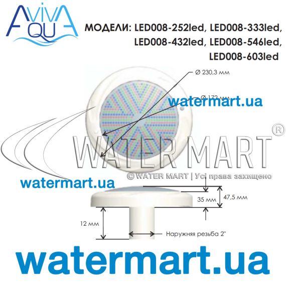 Лицевая рамка прожектора Aquaviva LED008 - размеры
