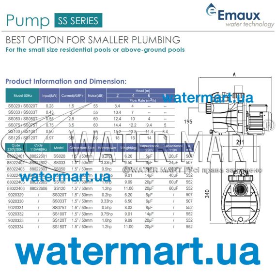 Насос для бассейна Emaux SS100T - размеры