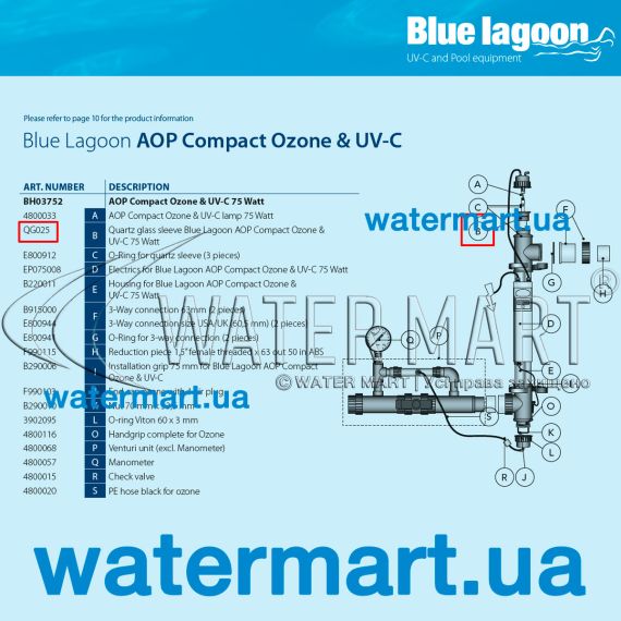 Кварцевый кожух для Blue Lagoon UV-C Ozone QG025, 75 Вт - схема