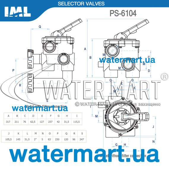 6-ходовой клапан IML PS-6104 (LISBOA) 2" - размеры