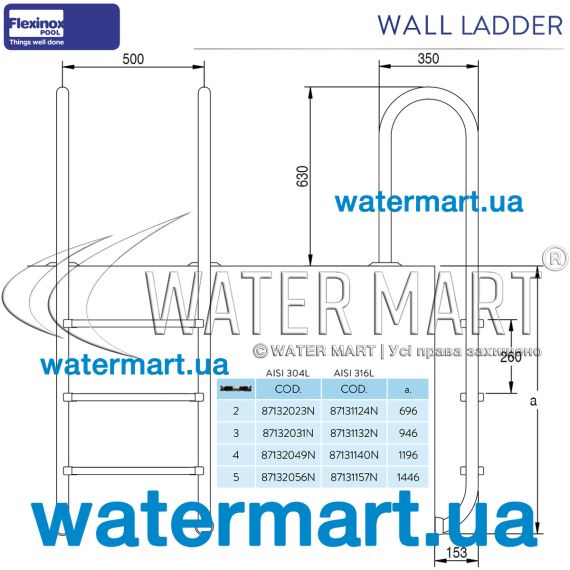 Лестница для бассейна Flexinox Wall AISI-316 (87131157N) - размеры