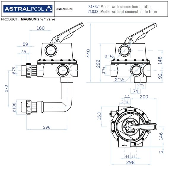 ​6-ходовой клапан AstralPool Magnum Side 24837 2½" - размеры
