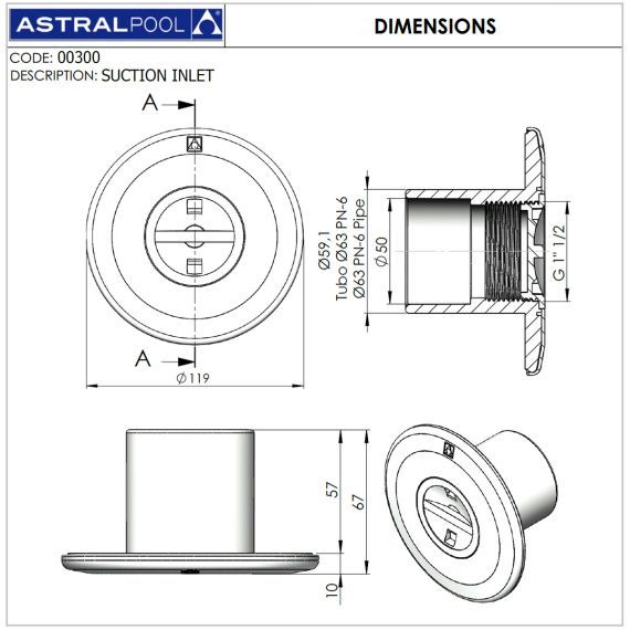 Форсунка для бассейна AstralPool 00300 - размеры