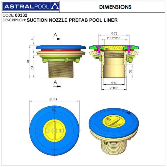 Форсунка для бассейна AstralPool 00332 - размеры