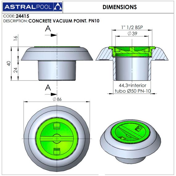 Форсунка для бассейна AstralPool 24415 - размеры