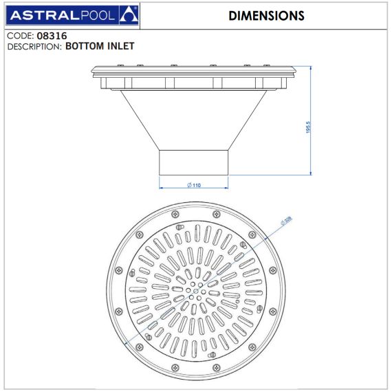 Форсунка донная AstralPool 08316 - размеры