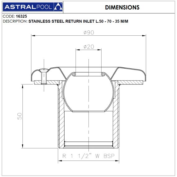 Форсунка для бассейна AstralPool 16325 - размеры
