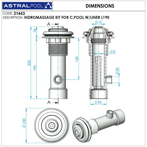 Форсунка для бассейна AstralPool 31443 - размеры