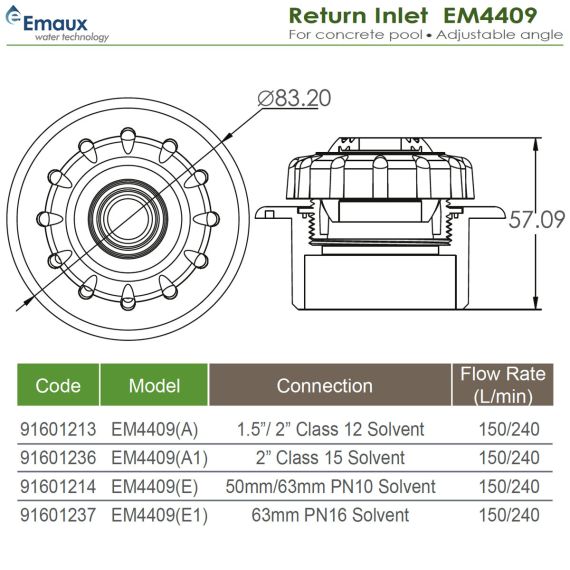 Форсунка для бассейна Emaux EM4409 - размеры