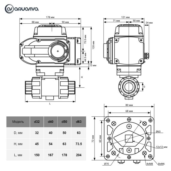 Кран шаровый с электроприводом Aquaviva d32 мм - размеры