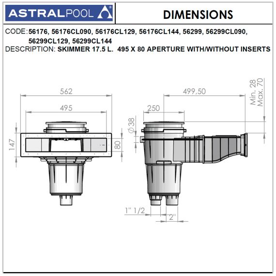 Скиммер AstralPool 56176 - размеры