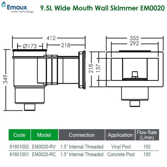 Скиммер Emaux Wide EM0020C/EM0020SC - размеры