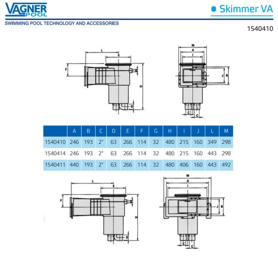 Скиммер Vagner Pool VA 1540410 - размеры