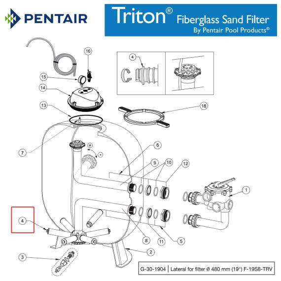 Дюза фильтра Pentair Triton TR40 F-19S8-TRV G-30-1904 / R301904 - схема