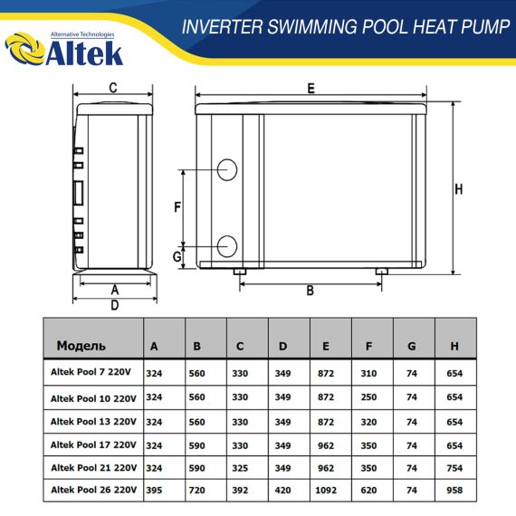 Инверторный тепловой насос для бассейна Altek Pool 2112859 - размеры