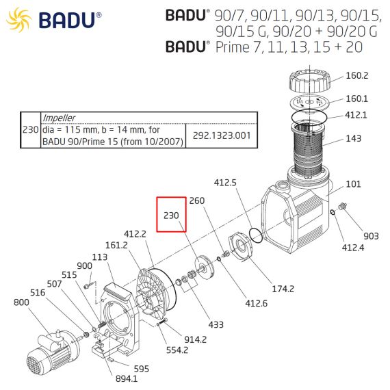 ​Крыльчатка насоса Badu Prime 15; 90/15 292.1323.001 - схема