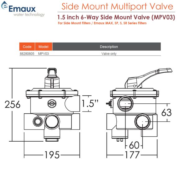 ​6-ходовой клапан Emaux MPV03/88280805 1½" - размеры