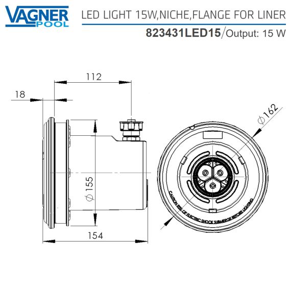 Светодиодный прожектор Vagner Pool 823431LED15 - размеры